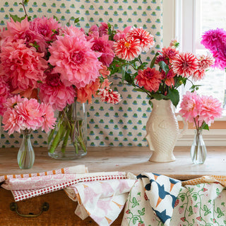 Molly Mahon Greencombe hand block printed collection celebrating Chelsea flower show being displayed with beautiful colour flowers