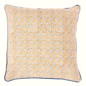 Hand Block Printed Indian Leaf Cushion Copper Blue