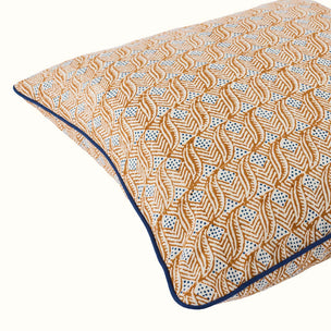Hand Block Printed Indian Leaf Cushion Copper Blue