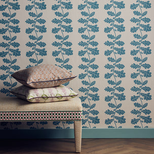 Hand Block Printed Indian Leaf Cushion Copper Blue