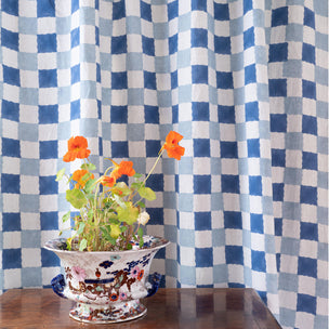 Chequer Block printed Fabric Linen Blues