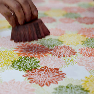 Dahlia Block printed Fabric Cotton Peach Sap Green