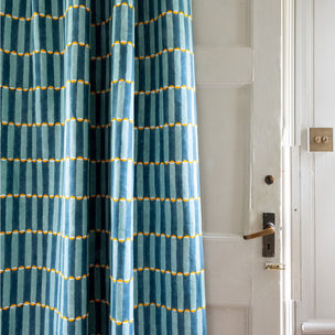 Luna Block printed Fabric Linen Blue/Yellow