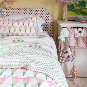 Tulip Block printed Fabric Linen/Cotton Rose/Grass
