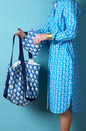 Cotton Canvas Bag in Boats Indigo Blue