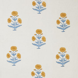 Poppy Block printed Fabric Linen Mustard/Sky