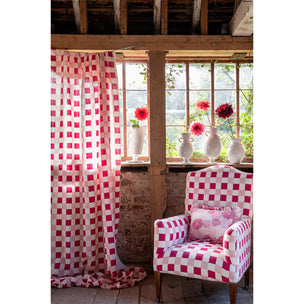 Chequer Block printed Fabric Linen Pinks