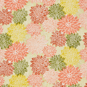 Dahlia Block printed Fabric Cotton Peach Sap Green