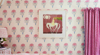 Molly Mahon wallpaper Marigold Pink Blue wall covering in a bedroom
