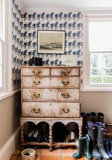 Molly Mahon Marwari Horse wallpaper design in colour deep blue hung in a boot room