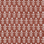 A close-up of a terracotta-colored wallpaper with a repeating off-white botanical leaf pattern.