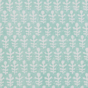 A close-up of a turquoise wallpaper with a repeating white leaf pattern.