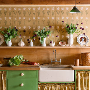 Nature inspired wallpaper in an English country kitchen setting, spring, flowers.