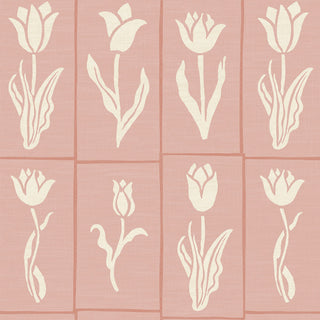 White tulip pattern on a pink textured wallpaper