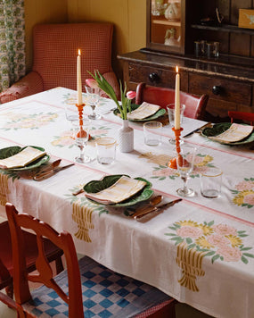 molly Mahon tablescape for spring featuring pink and blue