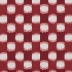 A close-up of a fabric pattern featuring vertical dark red stripes with repeating horizontal bands of textured off-white and light pink oval shapes.
