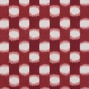 A close-up of a fabric pattern featuring vertical dark red stripes with repeating horizontal bands of textured off-white and light pink oval shapes.