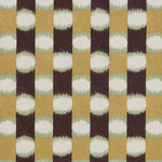 A close-up of a fabric pattern featuring vertical stripes in dark brown, mustard yellow, and cream, with horizontal bands of textured sage green and cream.