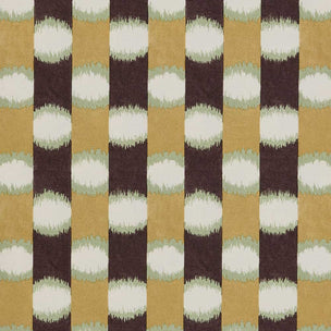 A close-up of a fabric pattern featuring vertical stripes in dark brown, mustard yellow, and cream, with horizontal bands of textured sage green and cream.