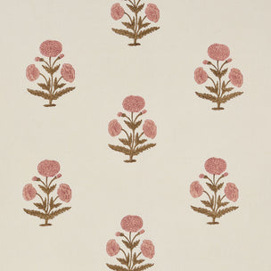 A repeating floral pattern featuring dusty pink flowers with brown leaves on a warm cream background.