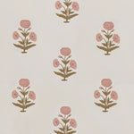 A repeating floral pattern wallpaper of dusty pink flowers with brown leaves on a warm off-white background.