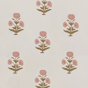 A repeating floral pattern wallpaper of dusty pink flowers with brown leaves on a warm off-white background.