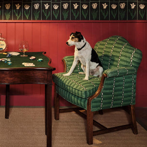 A black and white dog sits on a green striped armchair in a retro-themed room with a red paneled wall, floral wallpaper, and a wooden table with cards and a wine glass.