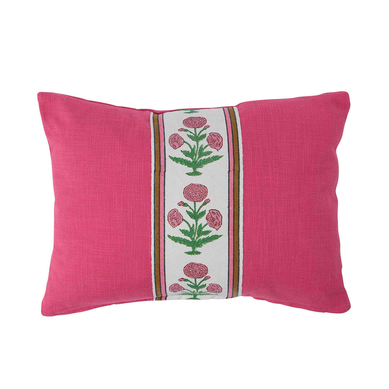 Molly Mahon Cushion Hot Pink Cotton with Poppy Pink/Green tape