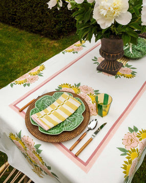 Molly Mahon block print tablecloths, napkins and tbale runners in her new collection 'Neapolitan' featuring Peonies, and her signature geometric print Luna in pastels and blues.