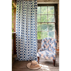 Chequer Block printed Fabric Linen Blues