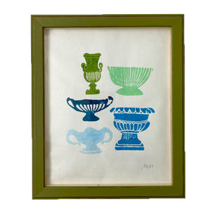 Green Framed Cotton Paper Print Vases Blues